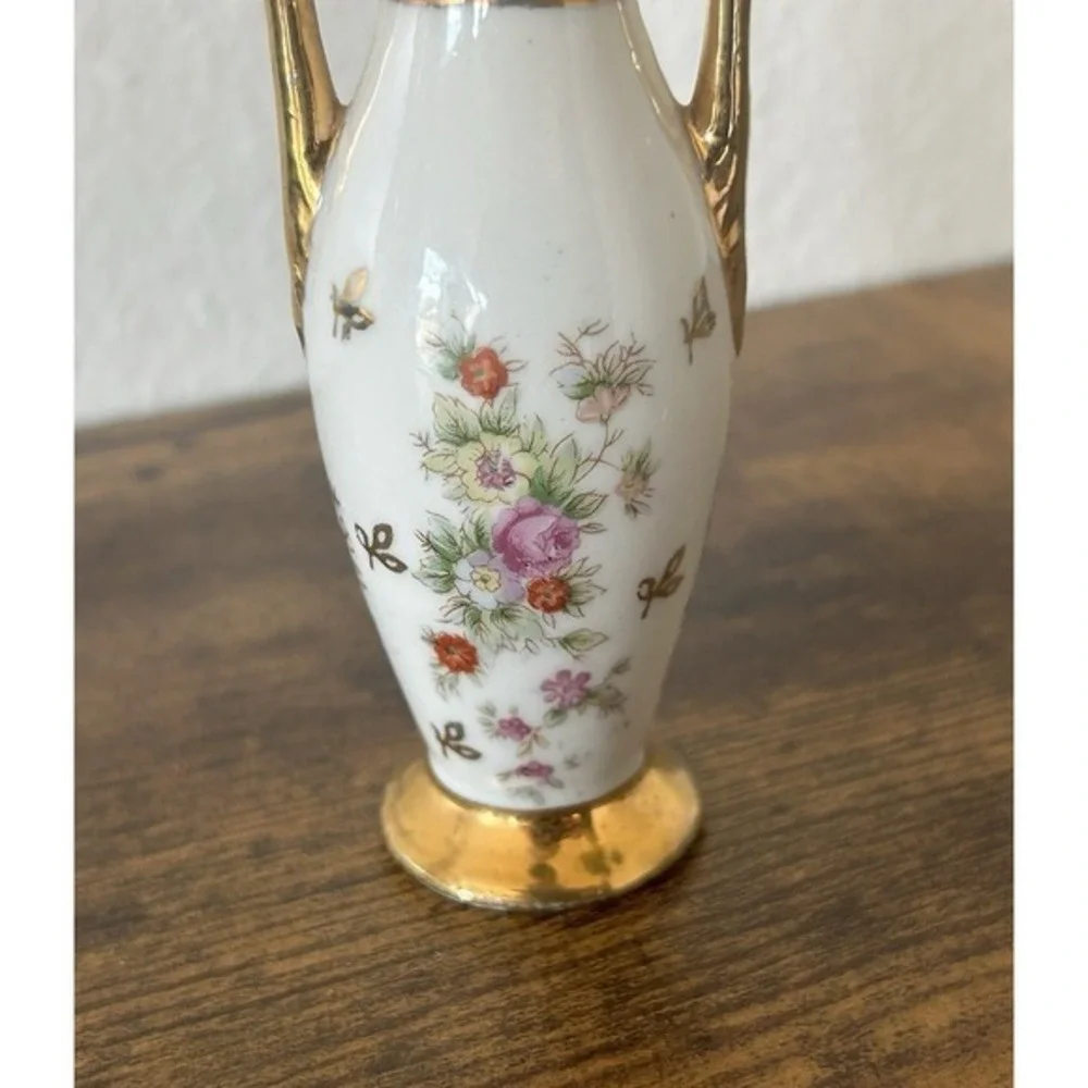 2-PC Vintage‎ Mini Vase Floral Gold Handle Numbered & Porcelain Pedestal Bowl